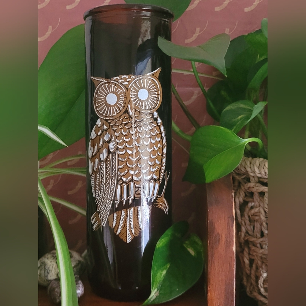 1970s Amber Glass Owl Candle Holder Or Vase 9" Boho 70s